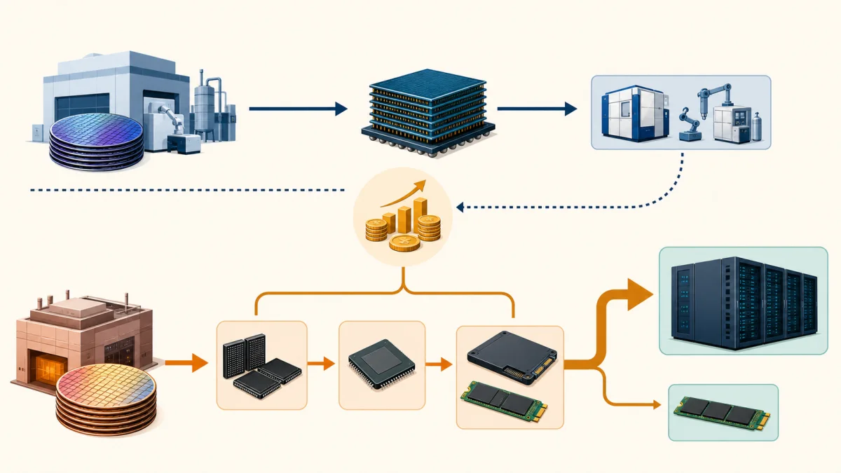 Original supply-chain illustration with a separate upper lane for DRAM and HBM investment competing for equipment and capital, and a lower lane where NAND wafers become flash packages, controllers and SSDs before splitting toward enterprise servers and consumer M.2 drives; a capital-allocation symbol links the otherwise separate production lines to emphasize indirect crowding rather than one wafer changing type