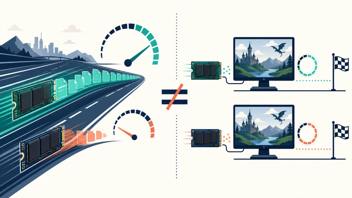Original split comparison: on the left two M.2 drives separate dramatically on a file-transfer highway beneath high and low speedometers; on the right the same drives feed identical game screens whose loading rings reach checkered flags almost together, with a not-equal mark showing that a sequential-speed ratio cannot be mapped directly onto game waiting time