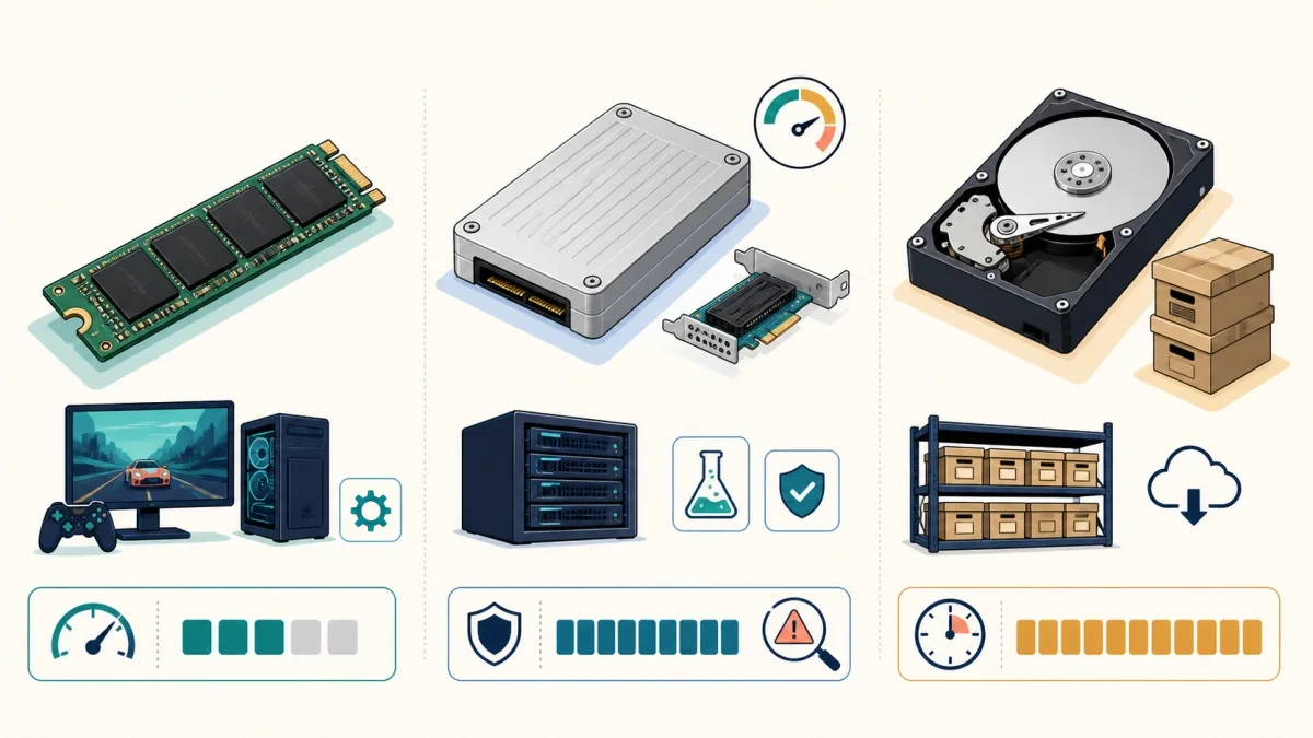 Original three-column storage-choice illustration: an M.2 QLC SSD beside a gaming PC and medium endurance indicator; an enterprise U.2 drive, PCIe adapter, server, long endurance bar and inspection warning for used-drive health; and a 3.5-inch hard disk with archive boxes, many capacity blocks and a slower clock for bulk cold storage